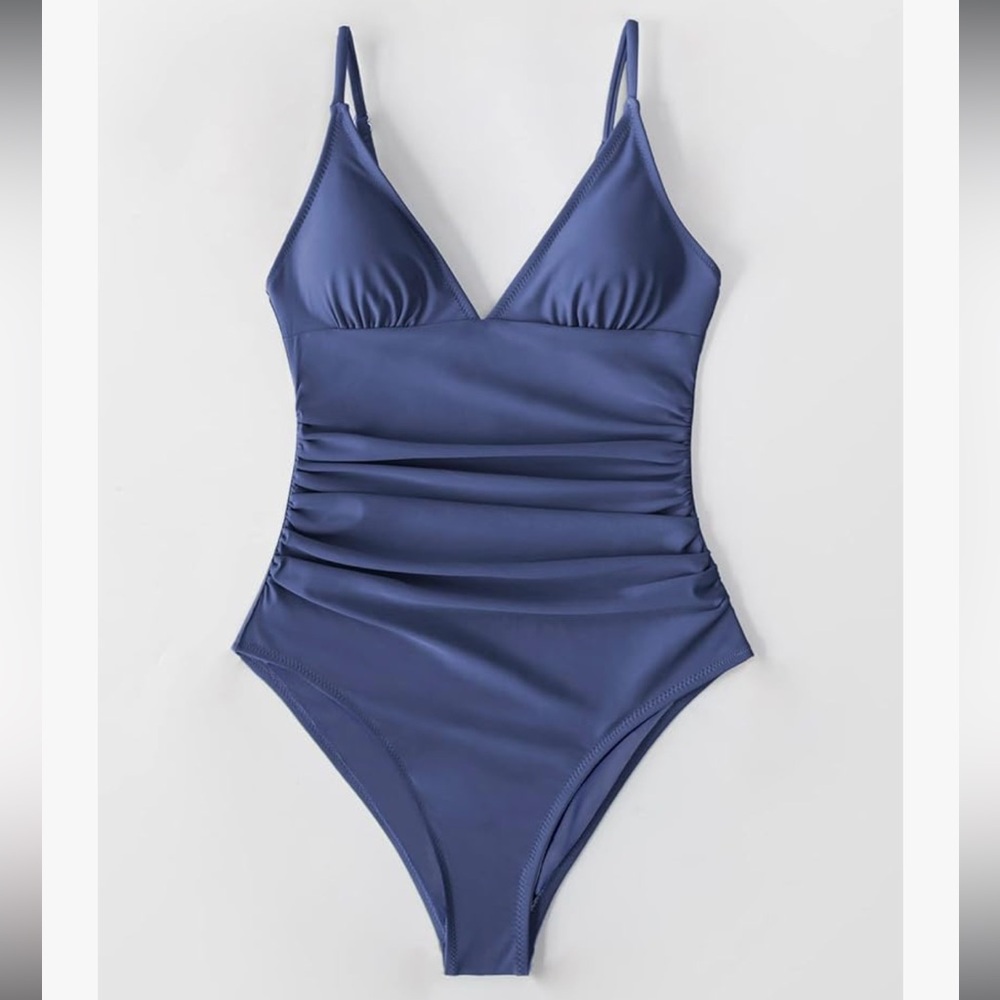 Women's V-Neck, Tummy Control One Piece Swimsuit- Dark Slate Blue
